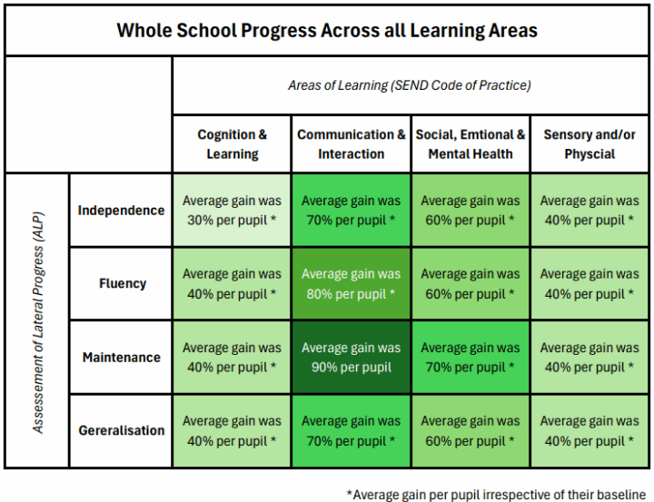 Whole school progress heatmap across SEND areas and lateral progress domains